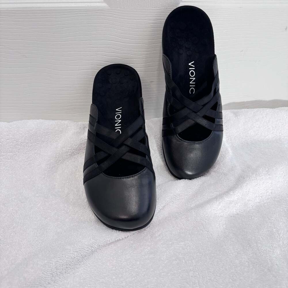 Vionic Claire Black Leather Slide Comfort Mules Shoes Orthopedic Size 7